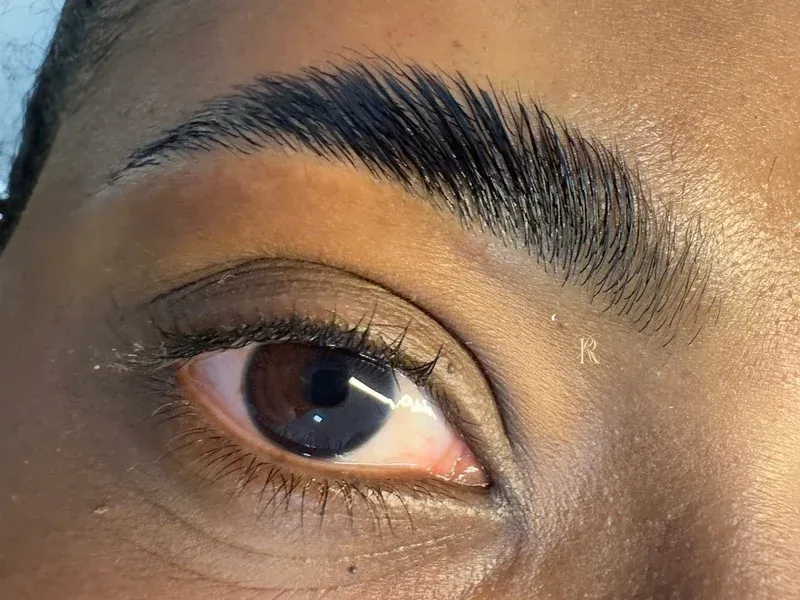 Sobrancelha após brow lamination, com os pelos alinhados para cima e efeito mais cheio